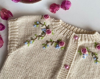 Baby girl vest ,floral  embroidered beige baby vest, baby gift clothing, customizable embroidered baby clothes.