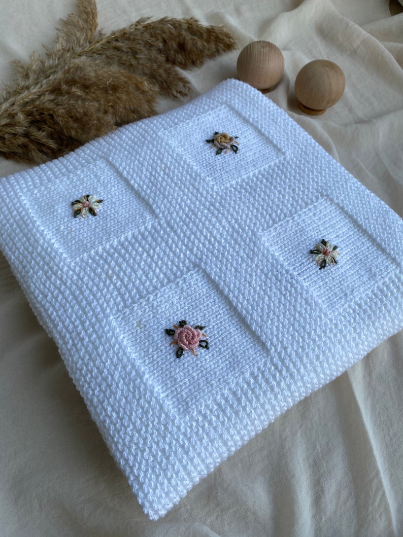 Hand Knitted Baby Blanket, Baby Girl Blanket, Embroidered Baby Blanket