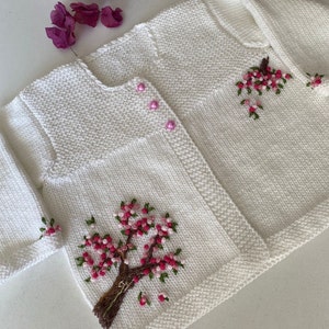 Hand-Knitted Baby Cardigan: Pink Floral Embroidered Newborn Gift