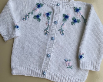 Baby Girl Sweater, Blue Embroidered White Baby Cardigan