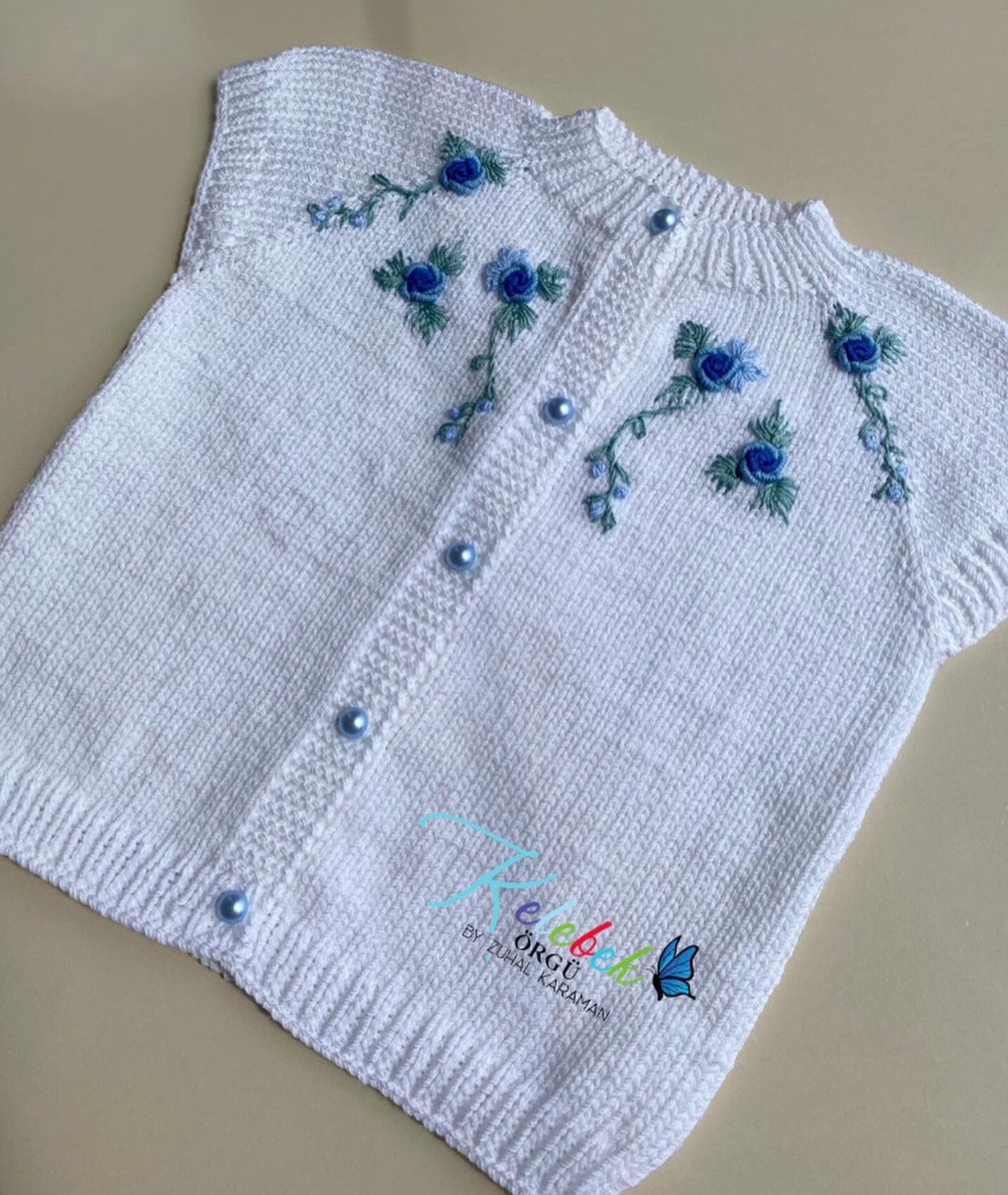 Blue Embroidered White Baby Vest, Baby Gift Clothing, Baby Girl Gift