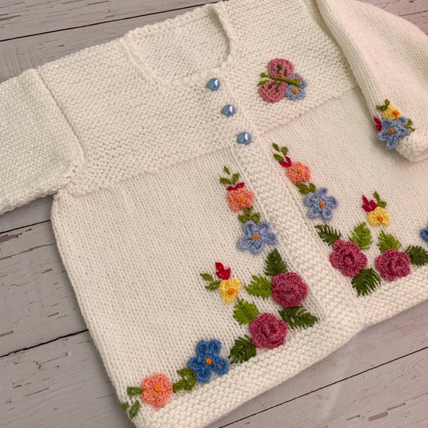 Hand knitted baby girl sweater, floral baby cardigan, baby girl cardigan, special design for baby girl, unique baby girl outfit.