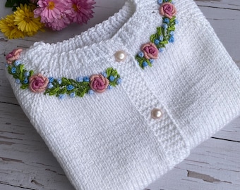 Hand knit baby vest ,baby girl sweater floral embroidered, perfect gift for birthday.