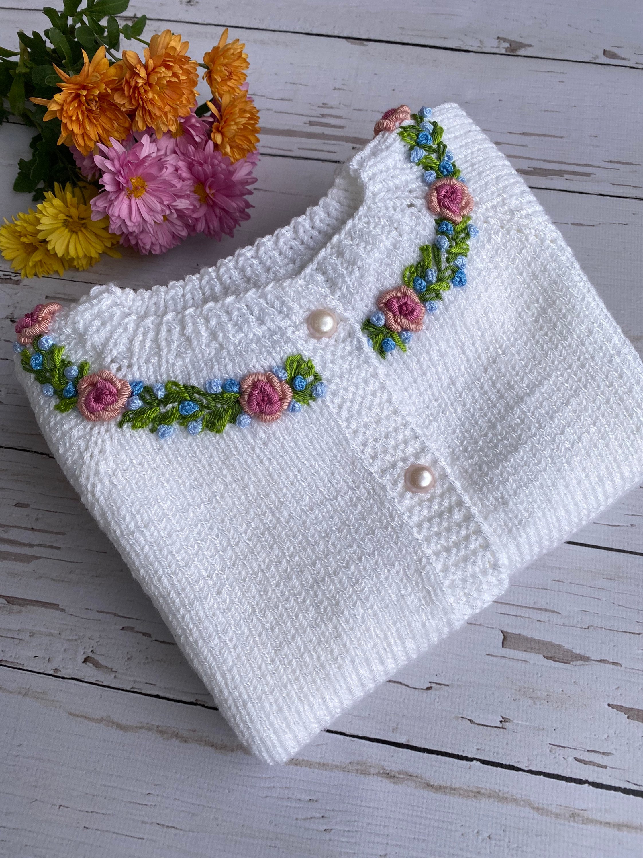 Hand Knit Baby Vest: Floral Embroidered Sweater, Newborn Gift - Etsy