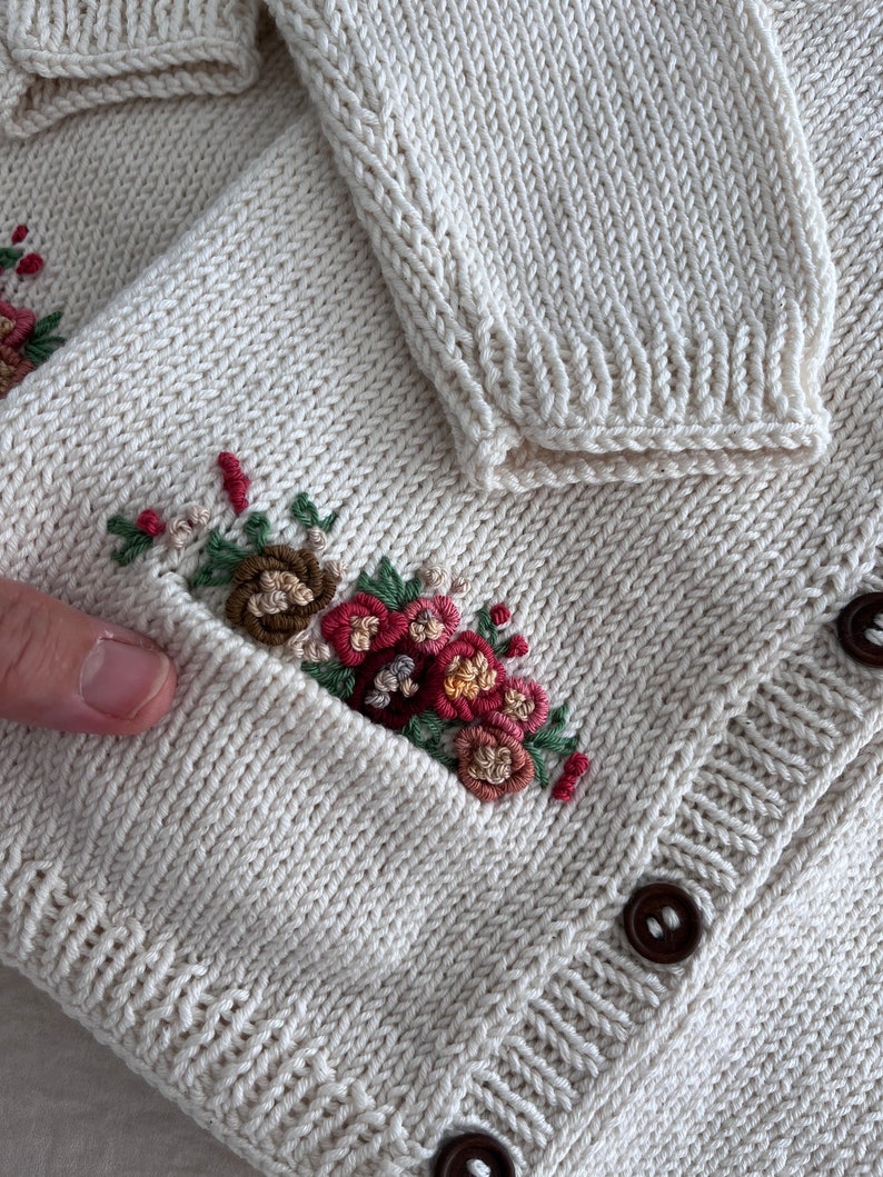 Organic Pockets of Flowers Embroidered Baby Cardigan