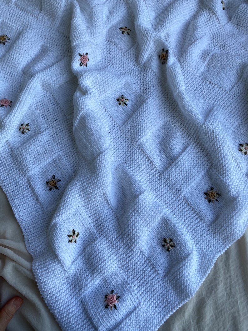 Hand Knitted Baby Blanket, Baby Girl Blanket, Embroidered Baby Blanket