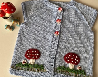 Hand knit baby vest, mushrooms embroidered blue baby vest, unique  baby gift.