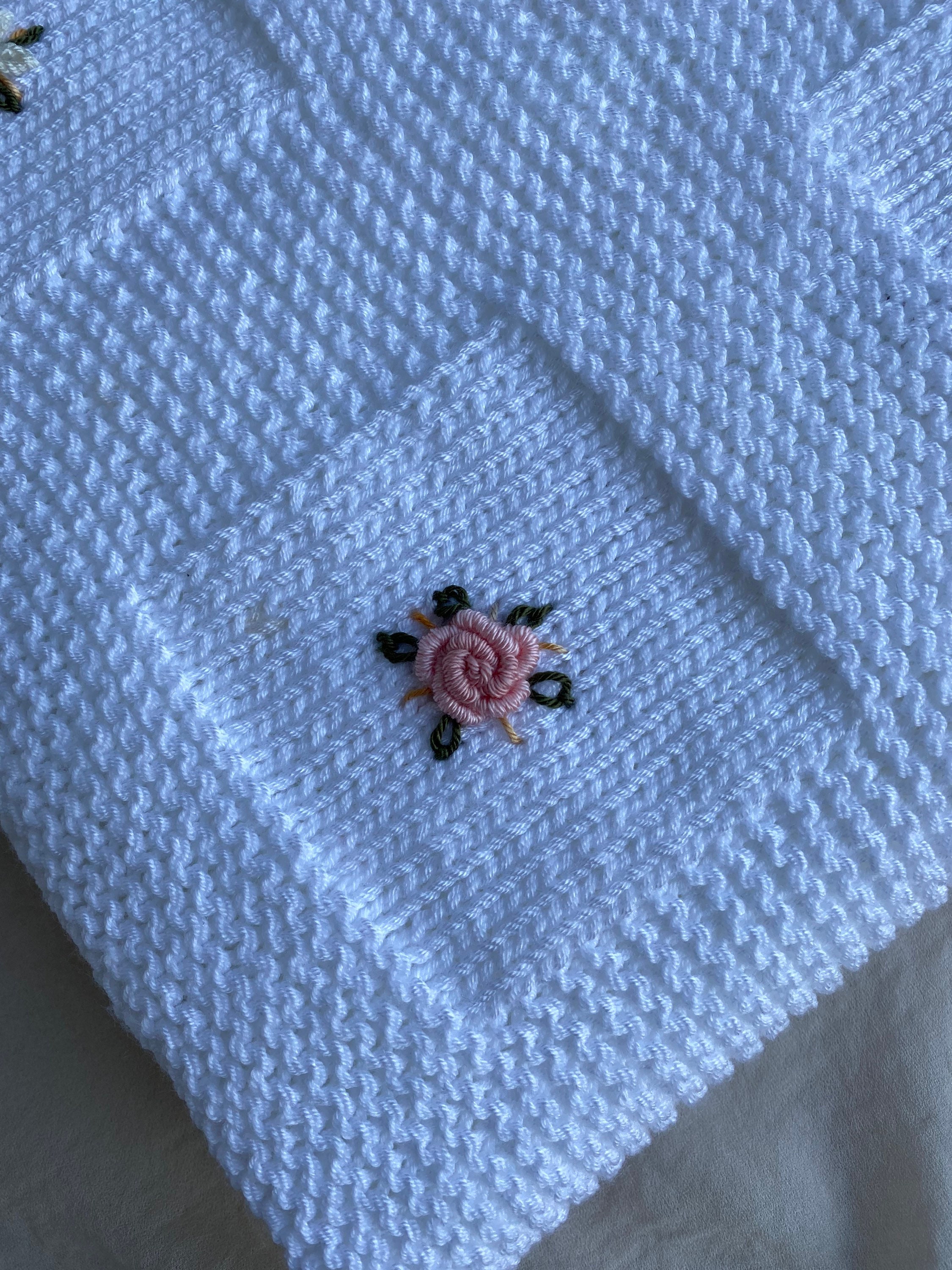 Hand Knitted Baby Blanket, Baby Girl Blanket, Embroidered Baby Blanket