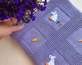 Hand knitted baby blanket, rabbit blanket, unisex baby  blanket, embroidered baby blanket, baby girl blanket, baby boy blanket