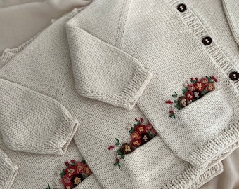 Hand knit baby cardigan, organic cotton embroidered baby cardigan, the unique complement to your little girl's outfits.