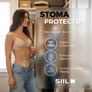 May include: A woman wearing a beige bra and blue jeans, with a stoma protector visible. The image includes text that reads "STOMA PROTECTOR" and "Designed for: Impact Protection, Everyday Security, Active Lifestyle Ready." The SIIL ostomy line logo is also visible.