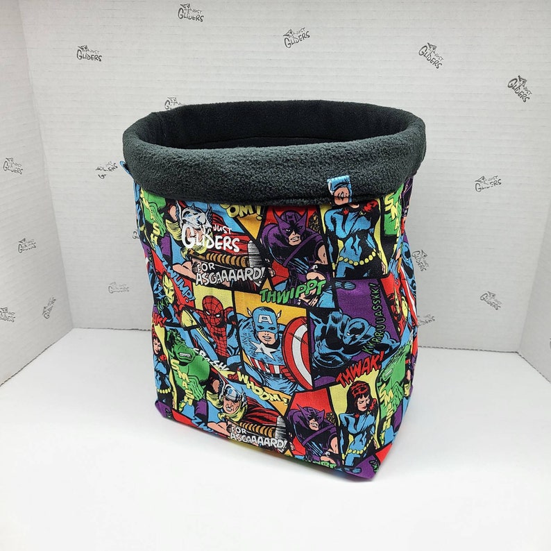 Large Colony size cotton colorful Super heroes design sugar glider pocket pet sleeping pouch snuggle sack hideout black fleece lining