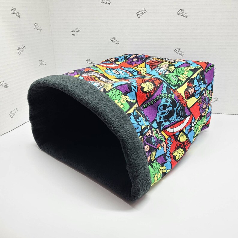 Large Colony size cotton colorful Super heroes design sugar glider pocket pet sleeping pouch snuggle sack hideout black fleece lining