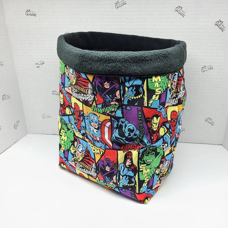 Large Colony size cotton colorful Super heroes design sugar glider pocket pet sleeping pouch snuggle sack hideout black fleece lining