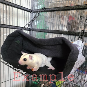 May include: A white and grey sugar glider resting in a black and white fleece hammock hanging in a cage. The hammock is attached to the cage with a black chain.