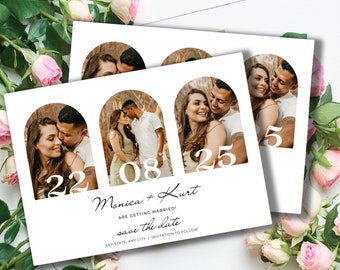 May include: Save the date card featuring three photographs of a couple within arch-shaped frames. The numbers 22, 08, and 25 are displayed in large white font. The text "Monica + Kurt are getting married! Save the date. Any state, any city | Invitation to follow" is printed in black font.