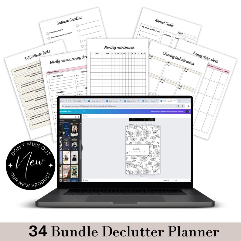 May include: A bundle of 34 printable planner pages for decluttering. The pages include checklists, chore charts, and monthly maintenance trackers. The pages are designed in a minimalist style with black text on a white background. The image also shows a laptop screen displaying a floral design planner cover.