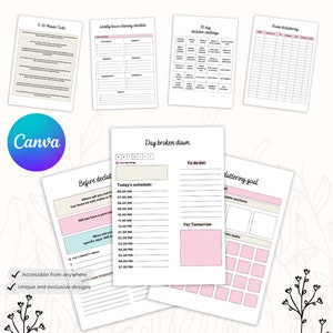 May include: Printable planner pages with a pink and white colour scheme. The pages include sections for 5-10 minute tasks, weekly house cleaning checklist, 30 day declutter challenge, room decluttering, day broken down, before decluttering, and decluttering goal.