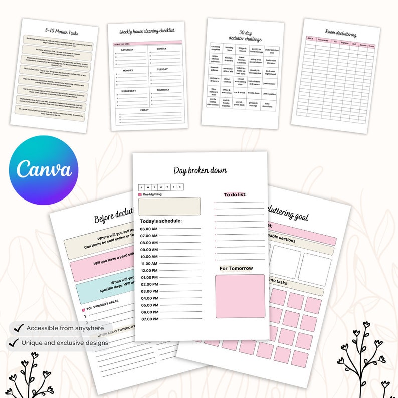 May include: Printable planner pages with a pink and white colour scheme. The pages include sections for 5-10 minute tasks, weekly house cleaning checklist, 30 day declutter challenge, room decluttering, day broken down, before decluttering, and decluttering goal.