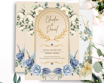 May include: Wedding invitation with a gold archway and floral design. The invitation features the names "Claudia & Daniel" and the date "Sunday, May 28th 2024". The invitation also includes the time "At 09.00 am - 08.00 pm" and the location "Larana Hotel Ballroom, 123 Anywhere St., Any City, ST 12345".