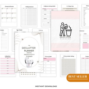 May include: A digital planner featuring a cartoon can with a face. The planner is titled "My Declutter Planner" and "Digital Productivity Planner". The planner is designed to help people declutter their homes and lives. The planner includes a variety of worksheets and checklists to help people get organised. The planner is available for instant download.