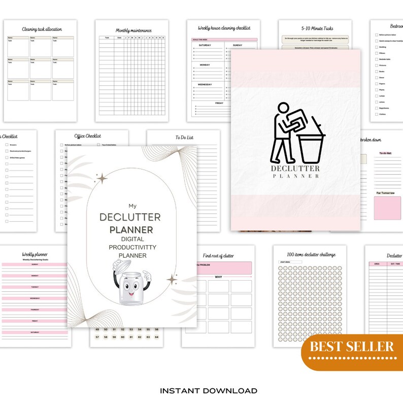 May include: A digital planner featuring a cartoon can with a face. The planner is titled "My Declutter Planner" and "Digital Productivity Planner". The planner is designed to help people declutter their homes and lives. The planner includes a variety of worksheets and checklists to help people get organised. The planner is available for instant download.