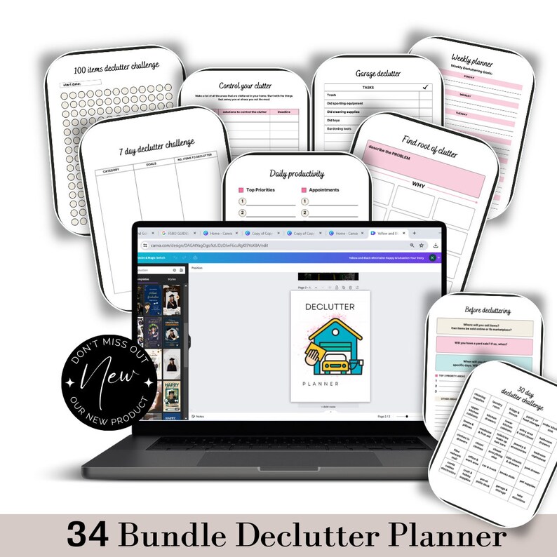 May include: A digital planner bundle with 34 printable pages for decluttering your home. The bundle includes a weekly planner, a 100-item declutter challenge, a 7-day declutter challenge, a 30-day declutter challenge, a garage declutter checklist, a daily productivity planner, and a find the root of clutter worksheet. The bundle is available as a digital download.