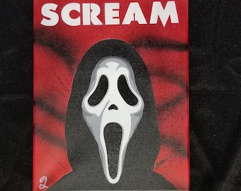 May include: A red and black canvas painting with the word "SCREAM" in white letters at the top. The painting features a white ghost mask with a black hooded robe.