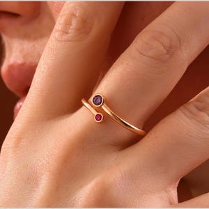 Custom Birthstone Ring for Women Gold Plated Adjustable Gemstone Jewelry Personalized Gift for Mom Grandma Family Name Ring