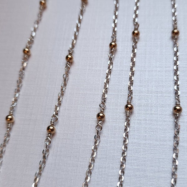 Sterling Silver chain with 14K Gold filled beads. mixed metal chain , Dainty and Durable Two-toned beaded unfinished chain