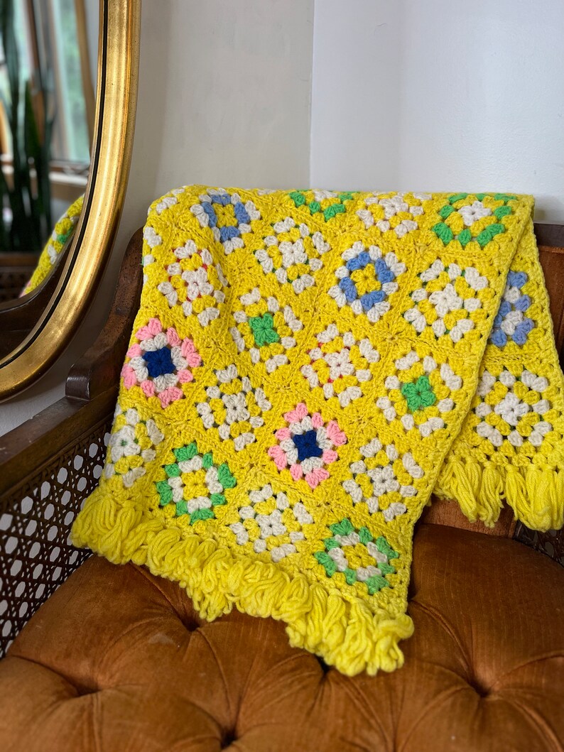 Vintage Crochet Granny Square Blanket Colorful Crochet Baby Blanket or