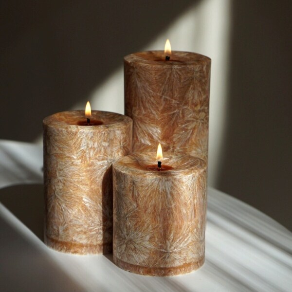 Candle Set Palm Wax " Cabaret" | Palm Wax Candle | Brown Candle  | Round Pillar Candle |  Scented Pillar Candles I Snowflake Pattern Candle