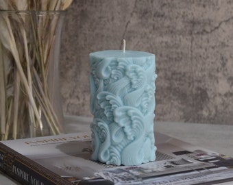 Soy Wave Print Blue Laguna Blue Color Candle | Handmade 2.3 inch Round Pillar Home Decor Candle