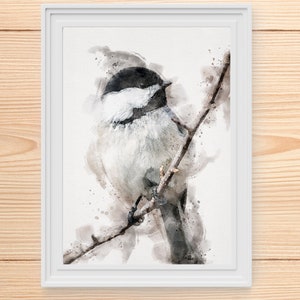 CHICKADEE BIRD Watercolor Bird on a Branch, Chickadee Painting, Chickadee Watercolor, Chickadee Art, Chickadee Wall Art, Cute Bird Painting