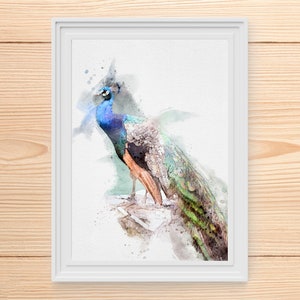 Peacock Watercolor Art, Elegant Peacock Watercolor Print, Watercolor Bird Art, Printable Bird Art, Bird Wall Art, Bird Painting, Home Decor