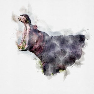 Nilpferd druckbares Aquarell eines Nilpferdes brüllend, Nilpferd Aquarell Kunst, druckbare Nilpferd Dekor, Nilpferd Malerei, Tier Malerei, Tier Kunst