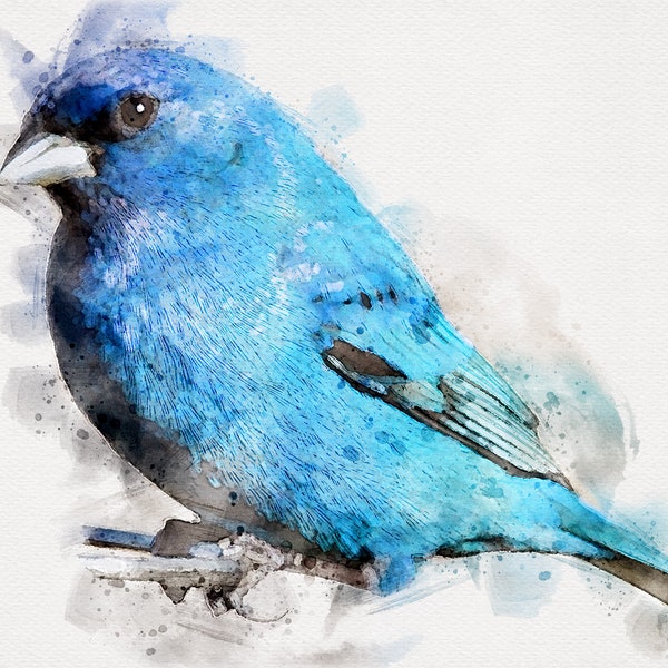 INDIGO BUNTING Painting, Horizontal Bird Art, Indigo Bunting Watercolor, Watercolor Bird Download, Printable Bird Wall Art, Printable Bird