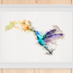 Blue Hummingbird Painting, Purple Hummingbird Wall Art,  Colorful Hummingbird, Hummingbird Print Landscape, Horizontal Watercolor Print,