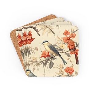 Vintage Bird Coaster Set of 4, Bird Themed Coasters, Shabby Chic, Bird Home Decor,  gift for bird lover, bird enthusiast, birdwatcher gift