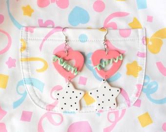 Spank Kei Heart Star Earrings, Polka Dot Fairy Kei Jewelry