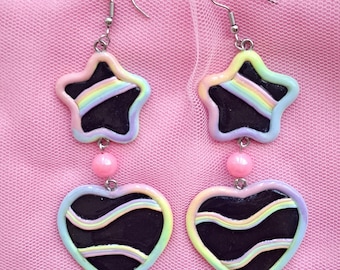 Kawaii Star & Heart Rainbow Dangle Earrings: Pastel Fairy Kei Jewelry