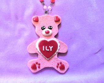 Kawaii Jumbo Teddy Bear Necklace: Handmade Polymer Clay Lovecore Pendant