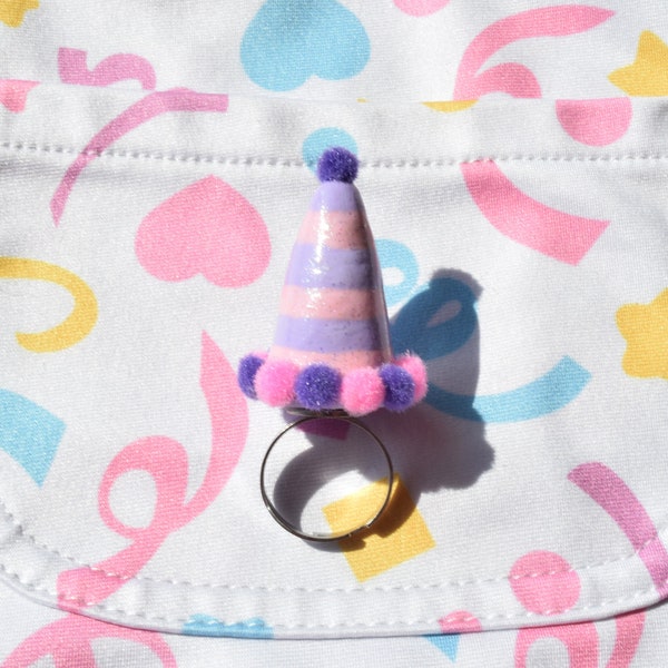 Kawaii Pastel Party Hat Pom Pom ring, party kei, fairy kei, fairy kei jewelry, pastel jewelry, pop kei, decora kei, cute stuff