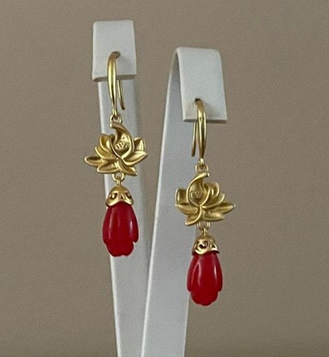 Red Jade Lotus Flower Earrings, Red Chalcedony Magnolia Dangle Drop Earrings,  Chinese Retro Luxury Style, 18K Gold Plated Over 925 Silver - Etsy