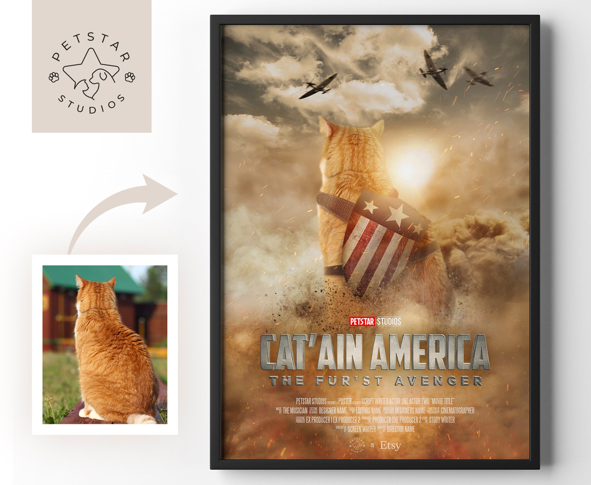 Discover Captain America Movie Poster, a Funny Custom Cat and Dog Portrait from your photo, Make Your Pet a Marvel Movie Star, Personalised Gift