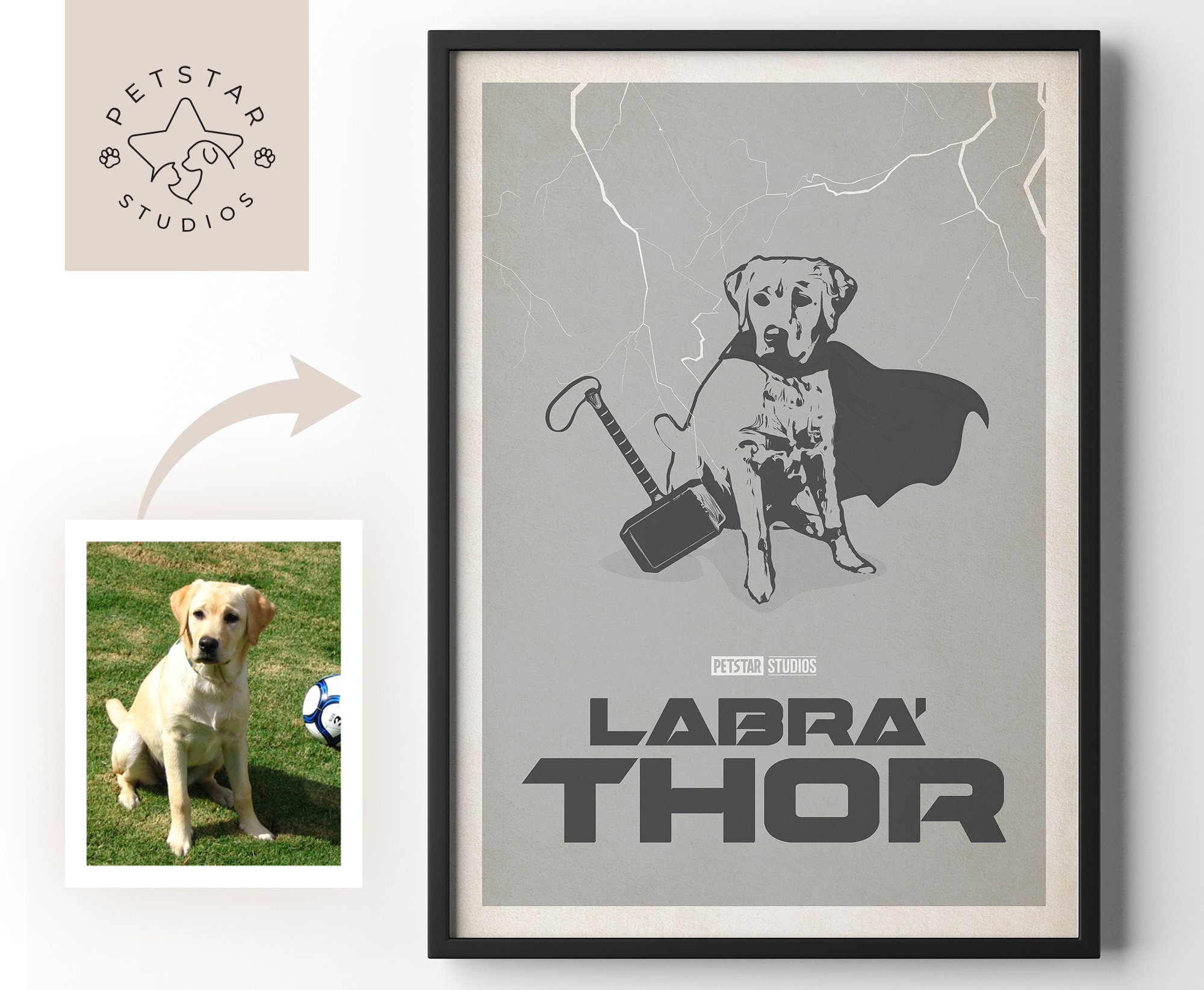 Discover Thor Cat and Dog Movie Poster, Funny Minimalist Custom Portrait from your photo, Marvel Movie Style Pet Print, Minimal Personalised Gift