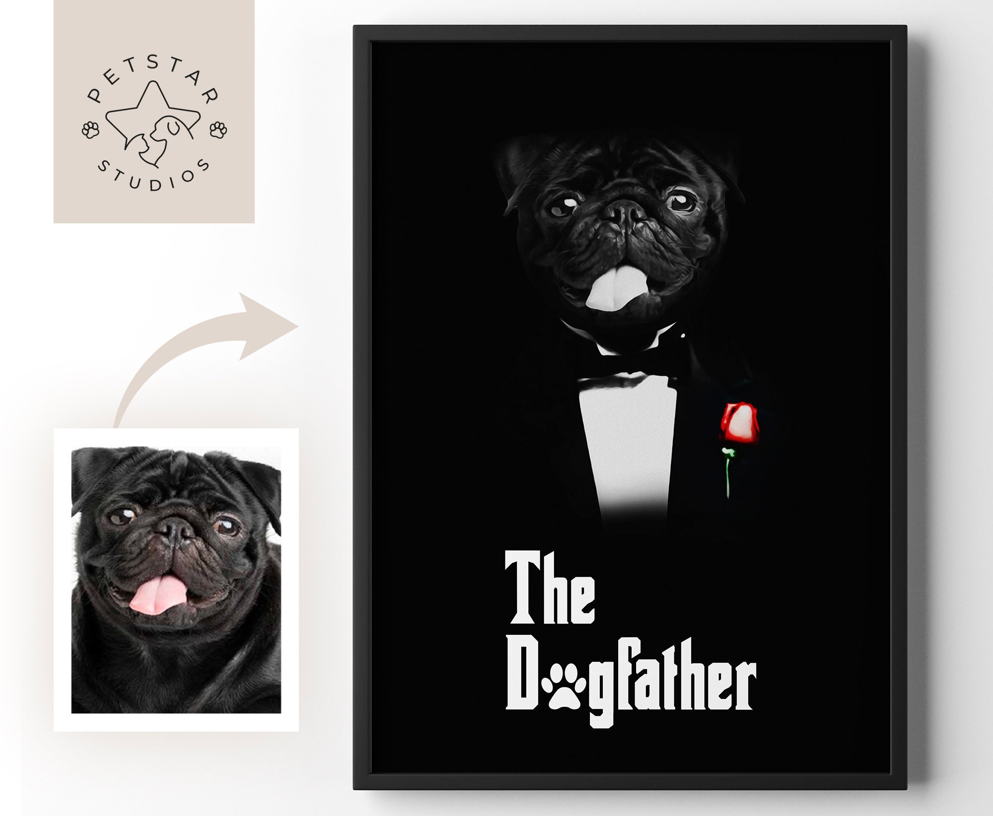 Discover The GodFather Funny Movie Poster, a Funny Custom Cat and Dog Portrait from your photo, Make Your Pet a Movie Star, Personalised Gift