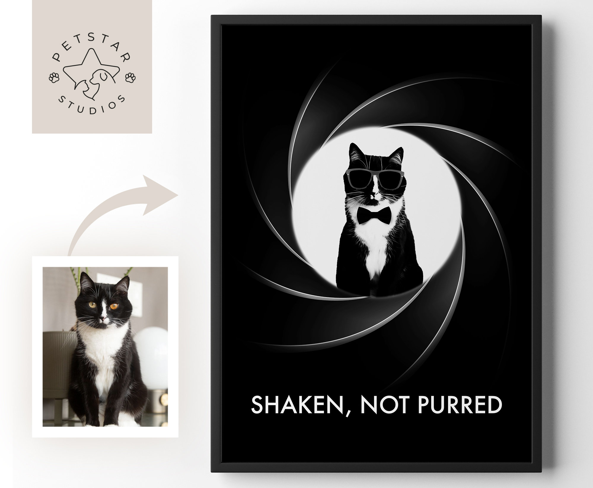Discover James Bond 007 Funny Movie Poster, a Funny Custom Cat and Dog Portrait from your photo, Make Your Pet a Movie Star, Personalised Gift