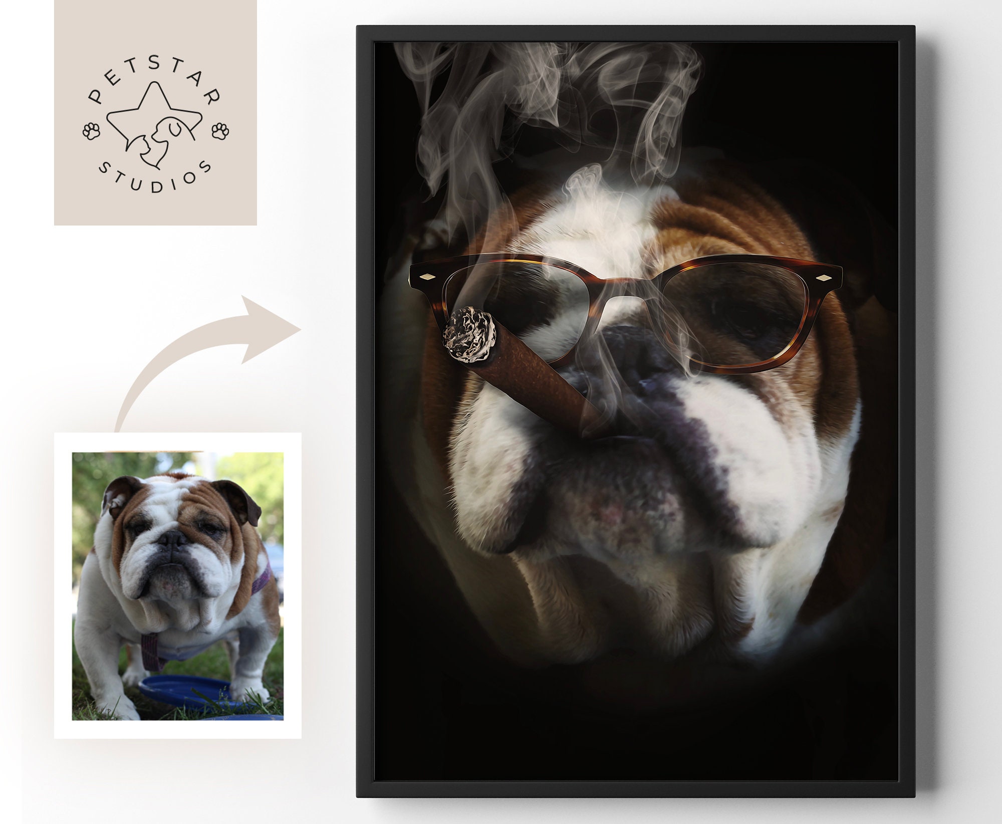 Discover Custom Funny Cigar Pet Portrait, Personalised Contemporary Art, Wall Art, Wall Decor, Personalised Art for a Memorial Gift