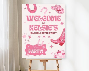 Let's Go Girls Bachelorette Welcome Sign Poster, Editable Nashville Hot Pink Cowgirl Country Rodeo Disco Last Rodeo Hens Party